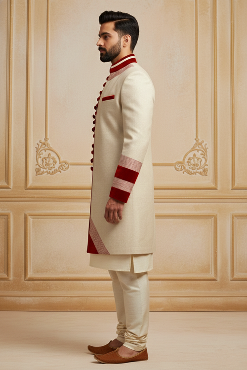 Crimson-Accented Cream Minimalist Indo-Western Sherwani