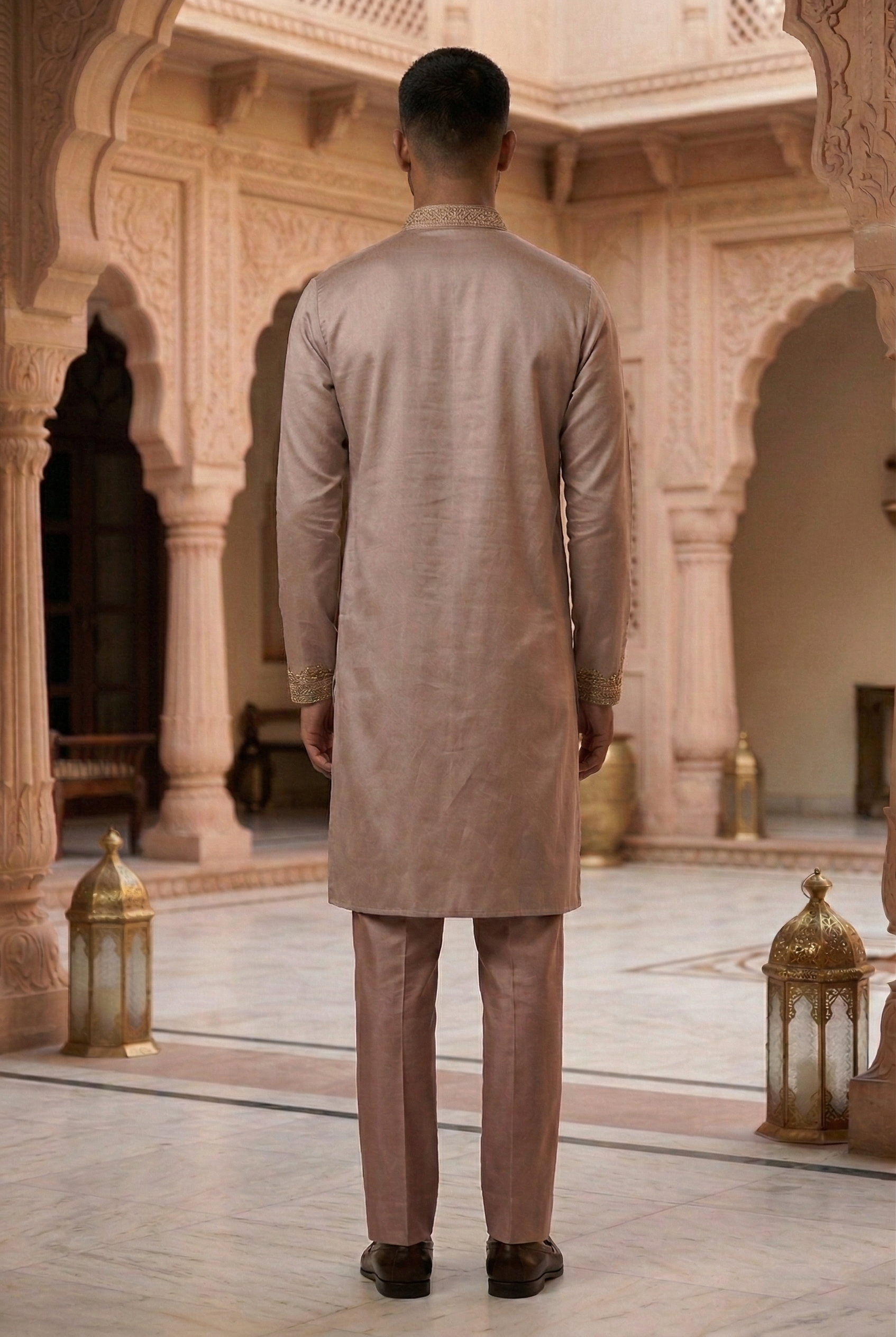 Men’s Taupe Silk Partywear Kurta Pajama Set