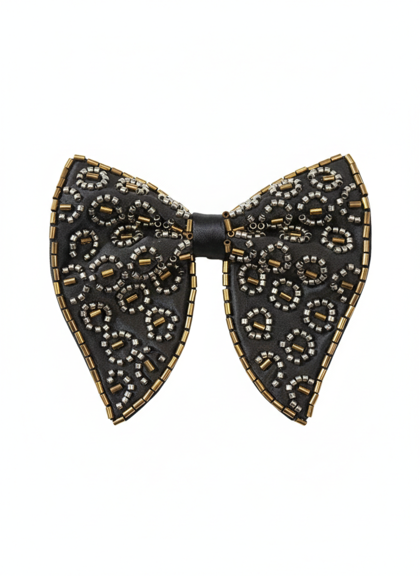 Elegant Black Bowtie with Gold and Silver Bead Embroidery