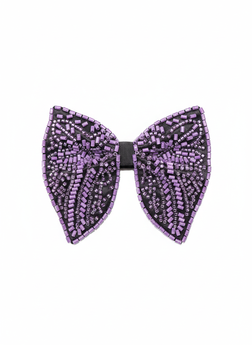Exquisite Purple and Black Beaded Bow Tie Statement Accessory