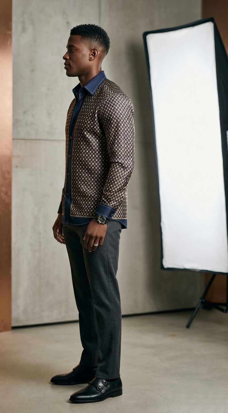 Men’s Designer Engineered Silk-Sateen Scarf-Print Shirt – Midnight & Bronze Gold