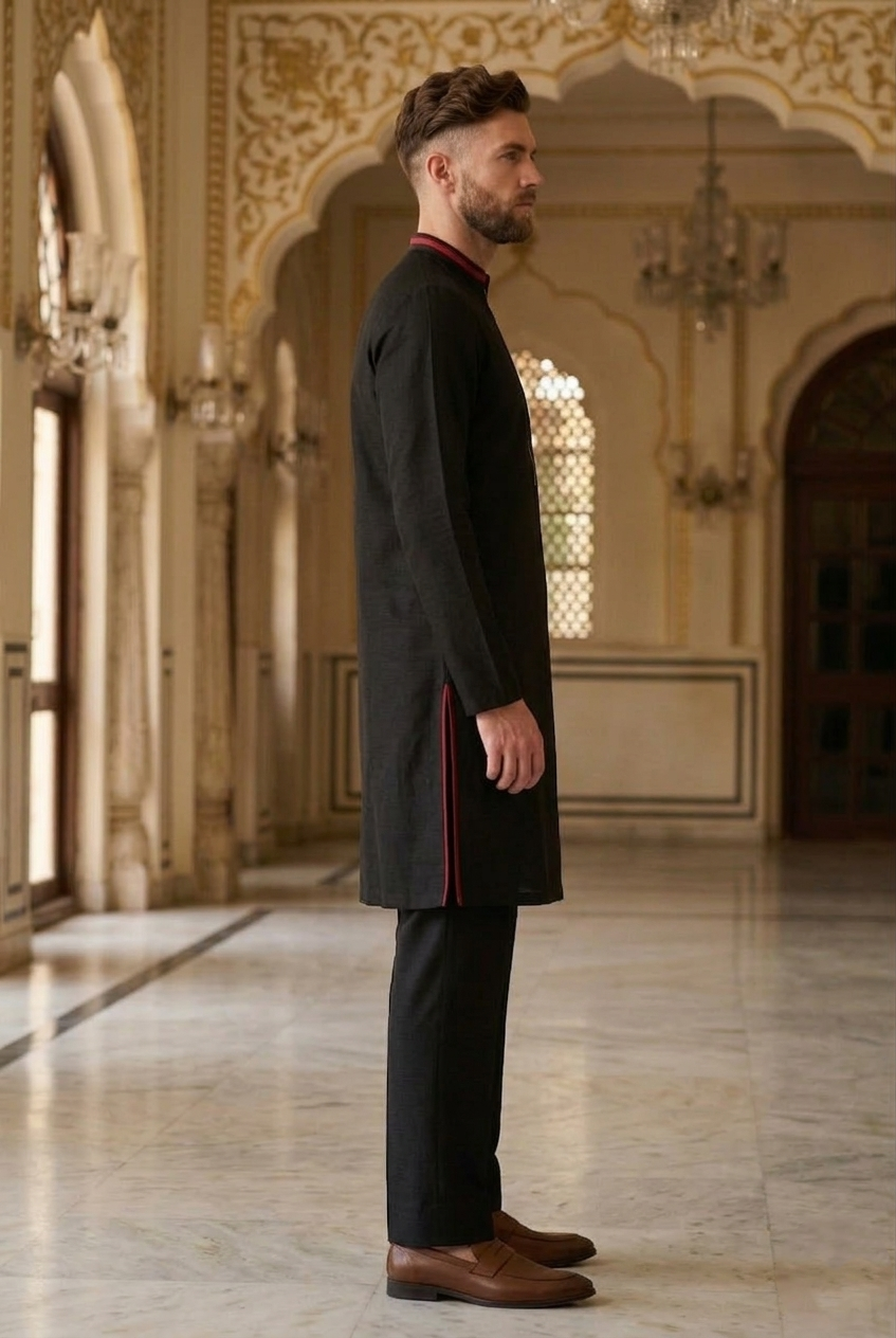 Men's Black Embroidered Tiger Motif Designer Kurta  Pajama