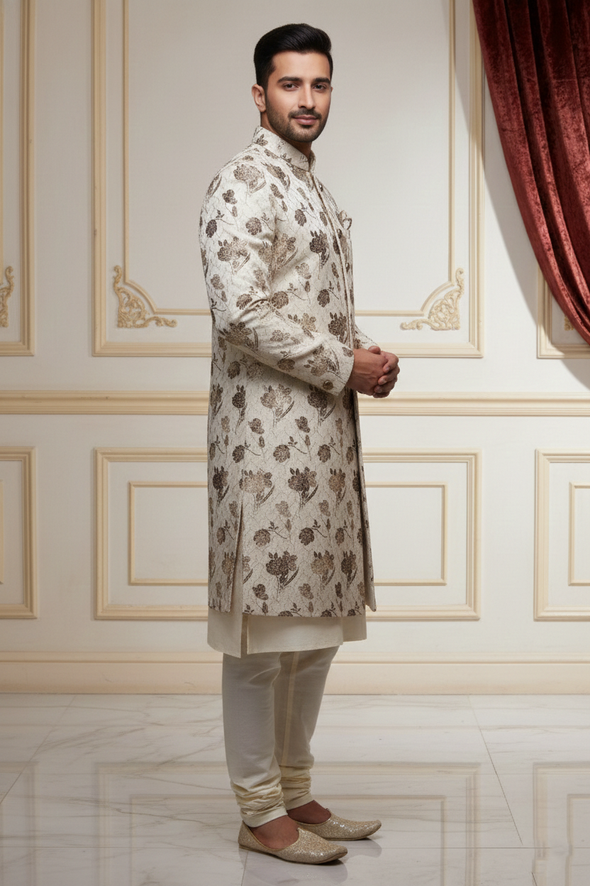 The Pearl Blossom: Ivory & Gold Floral Sherwani