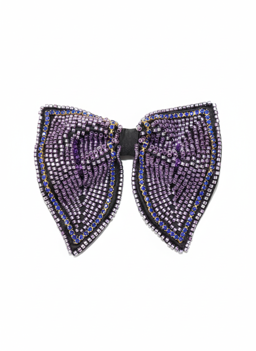 Luxury Black Bowtie with Purple and Blue Geometric Beadwork