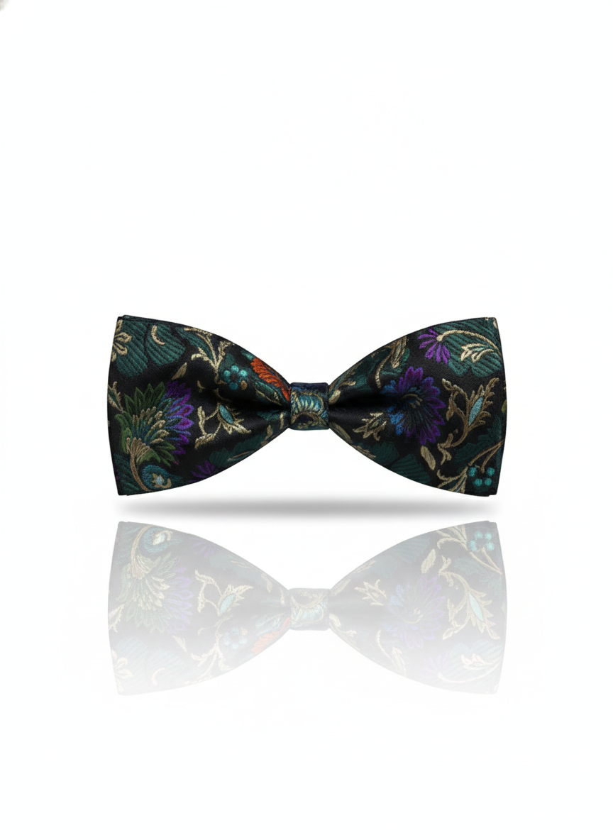 Elegant Black Bow Tie with Multicolored Floral Jacquard Pattern