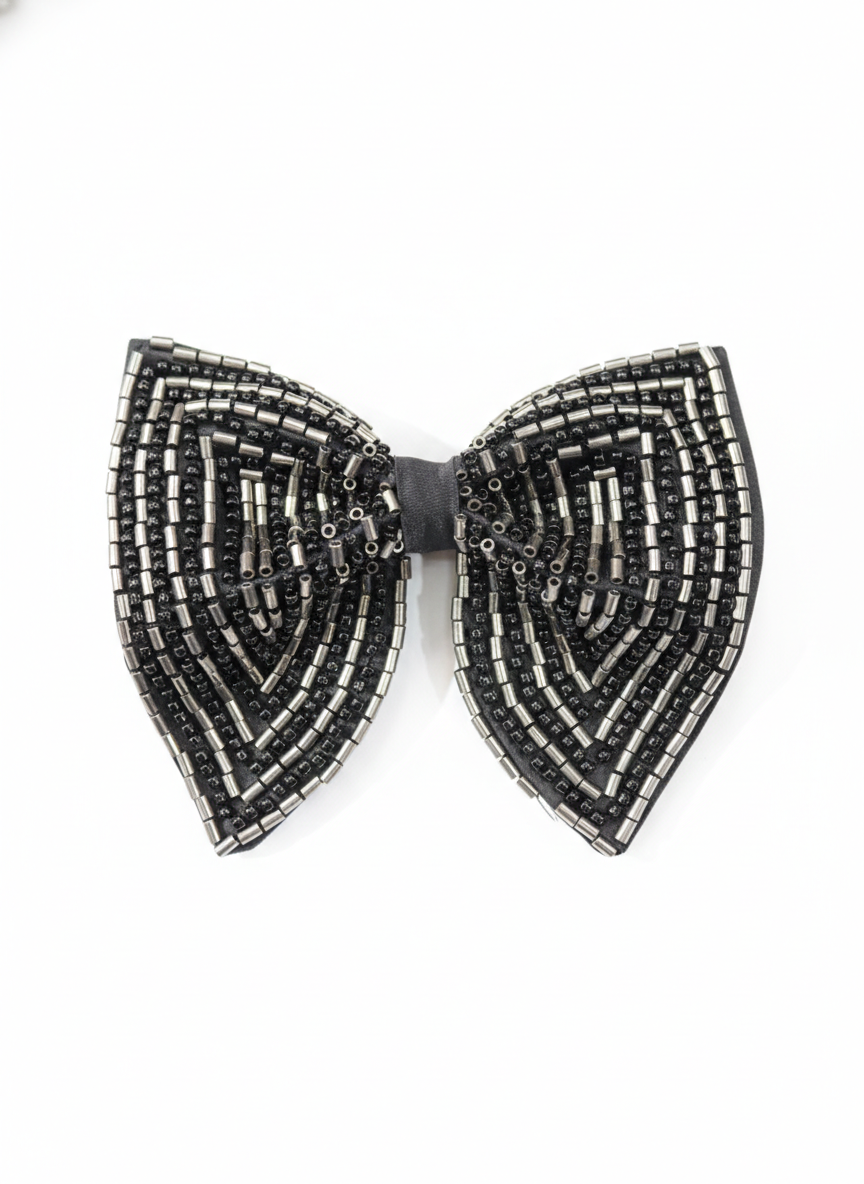 Elegant Silver and Black Beaded Chevron Bow Tie Accessory