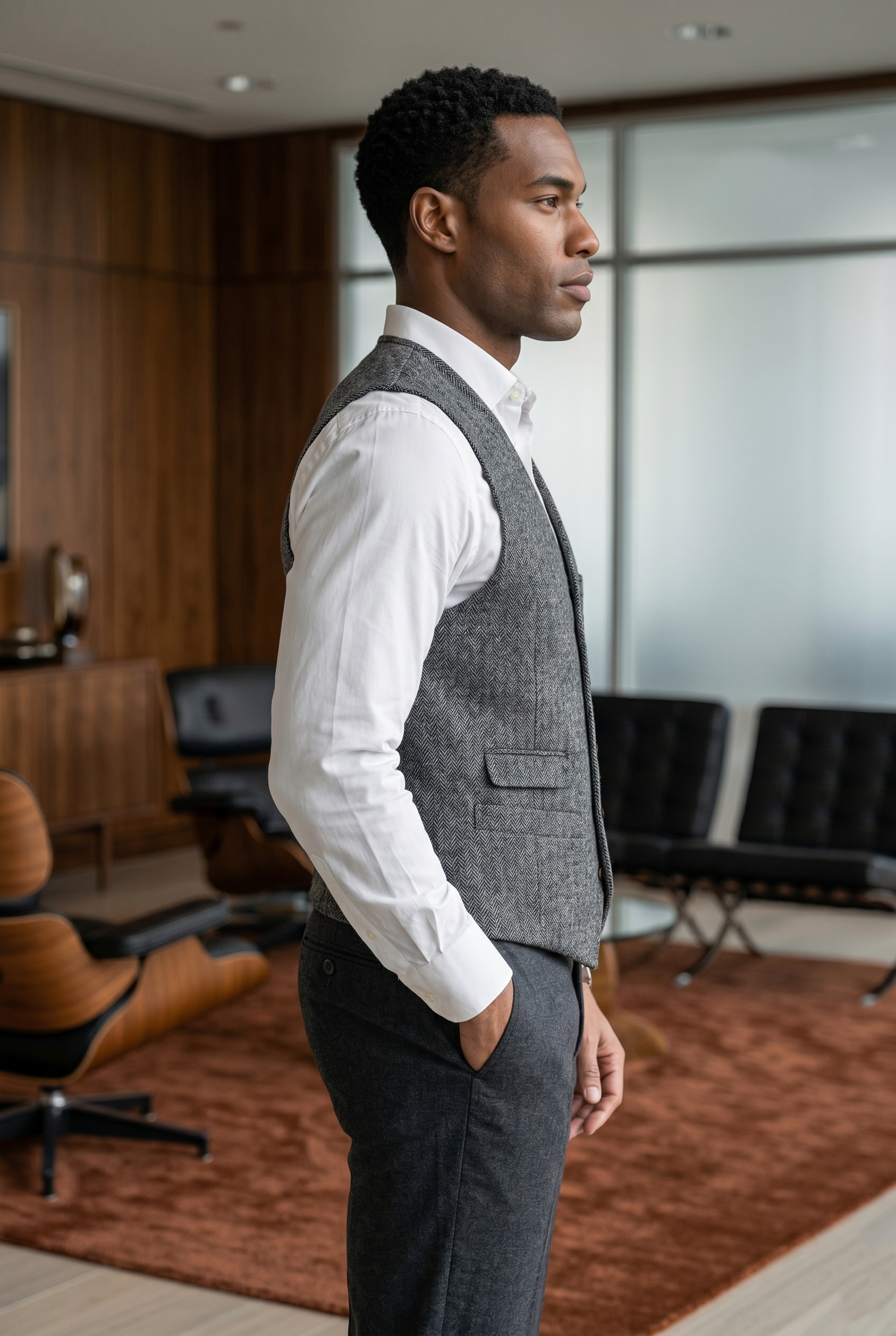 Men's Slim Fit Tweed Waistcoat Vintage Lapel Dress Suit Vest Charcoal Grey