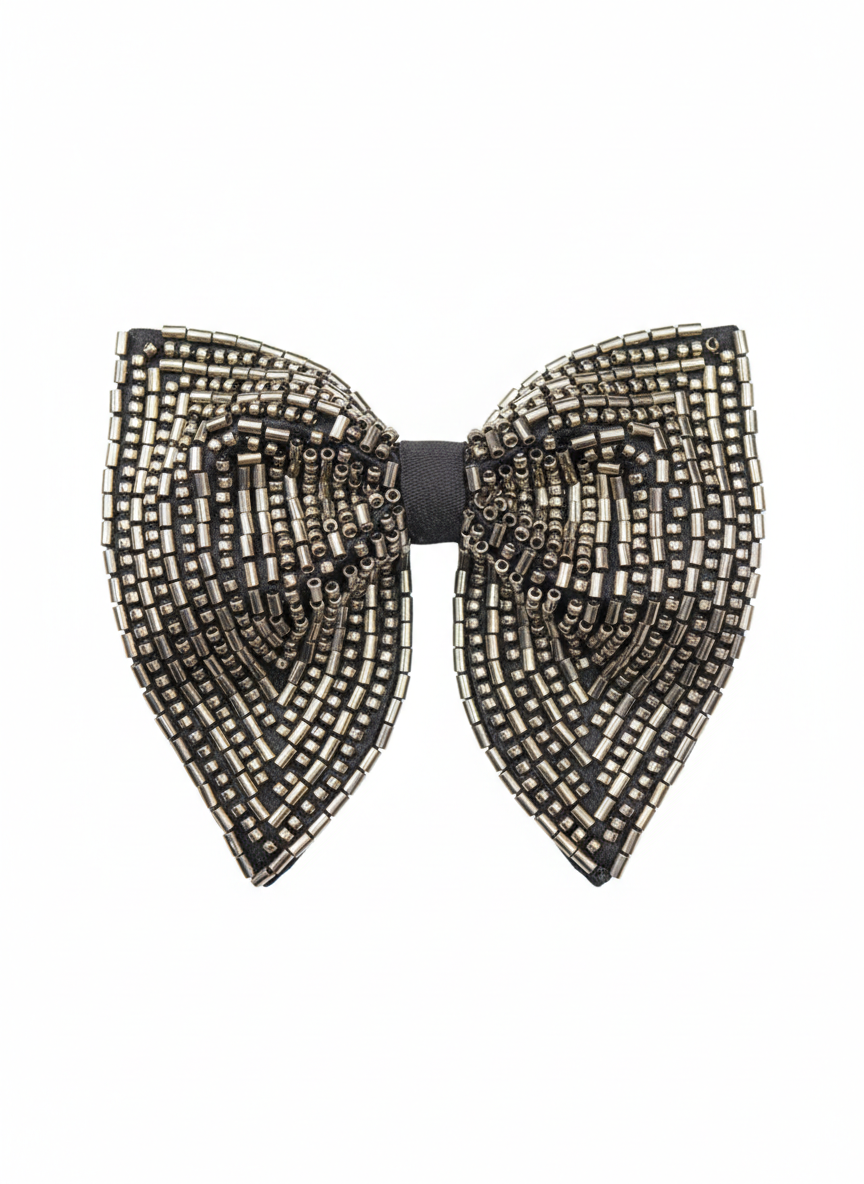 Exquisite Black Bowtie with Geometric Bronze Bugle Beads