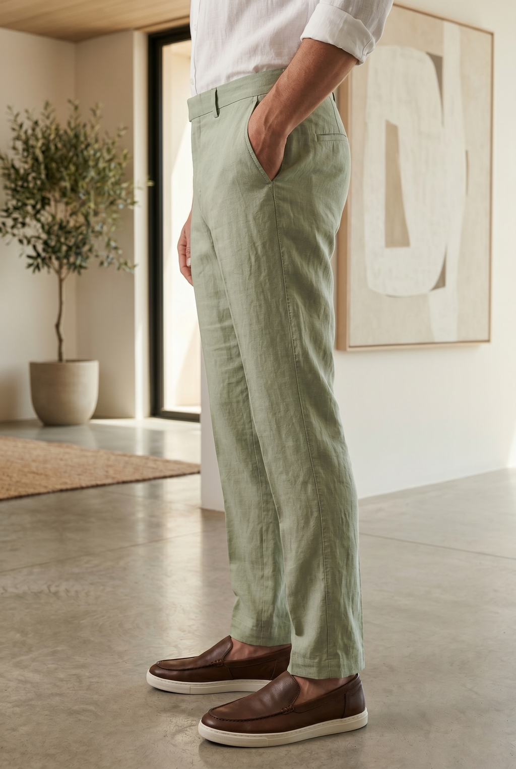 Men's Tailored Slim-Fit Linen Trousers in  Sage