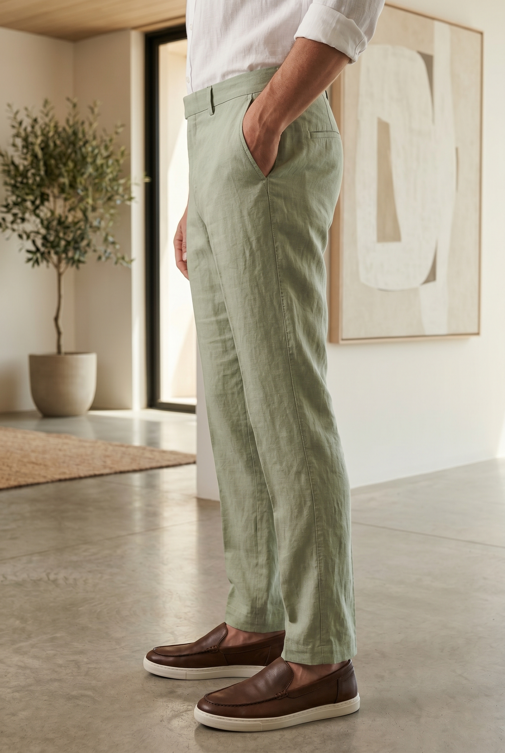 Men's Tailored Slim-Fit Linen Trousers in  Sage