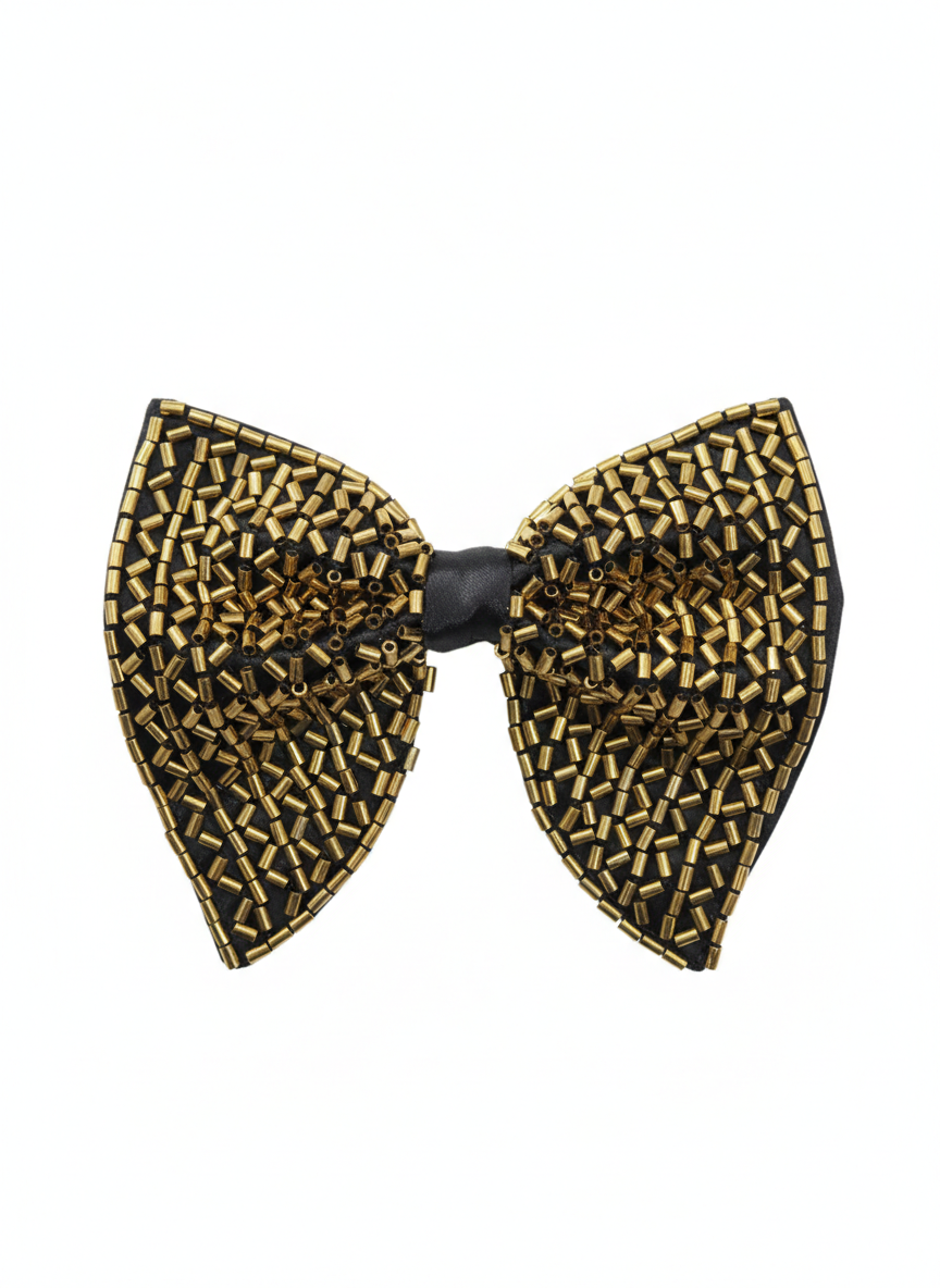 Stunning Black Bowtie with Textured Gold Bugle Bead Mosaic