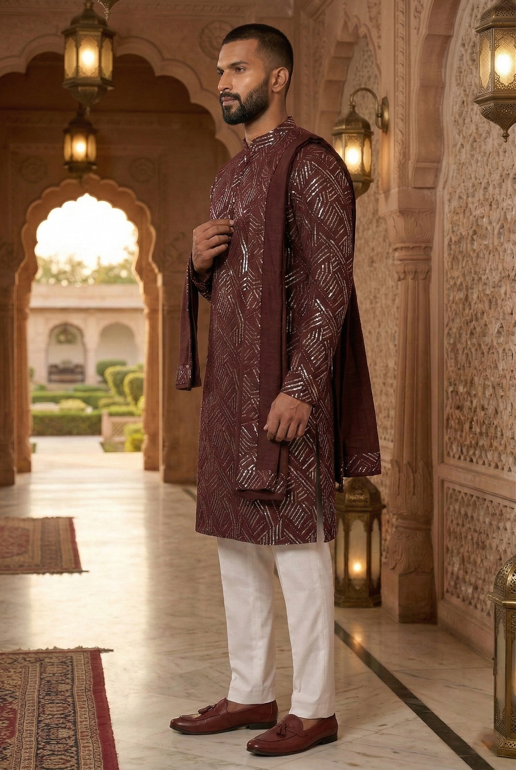 Wine Geometric Foil Print Partywear Kurta Pajama  Set