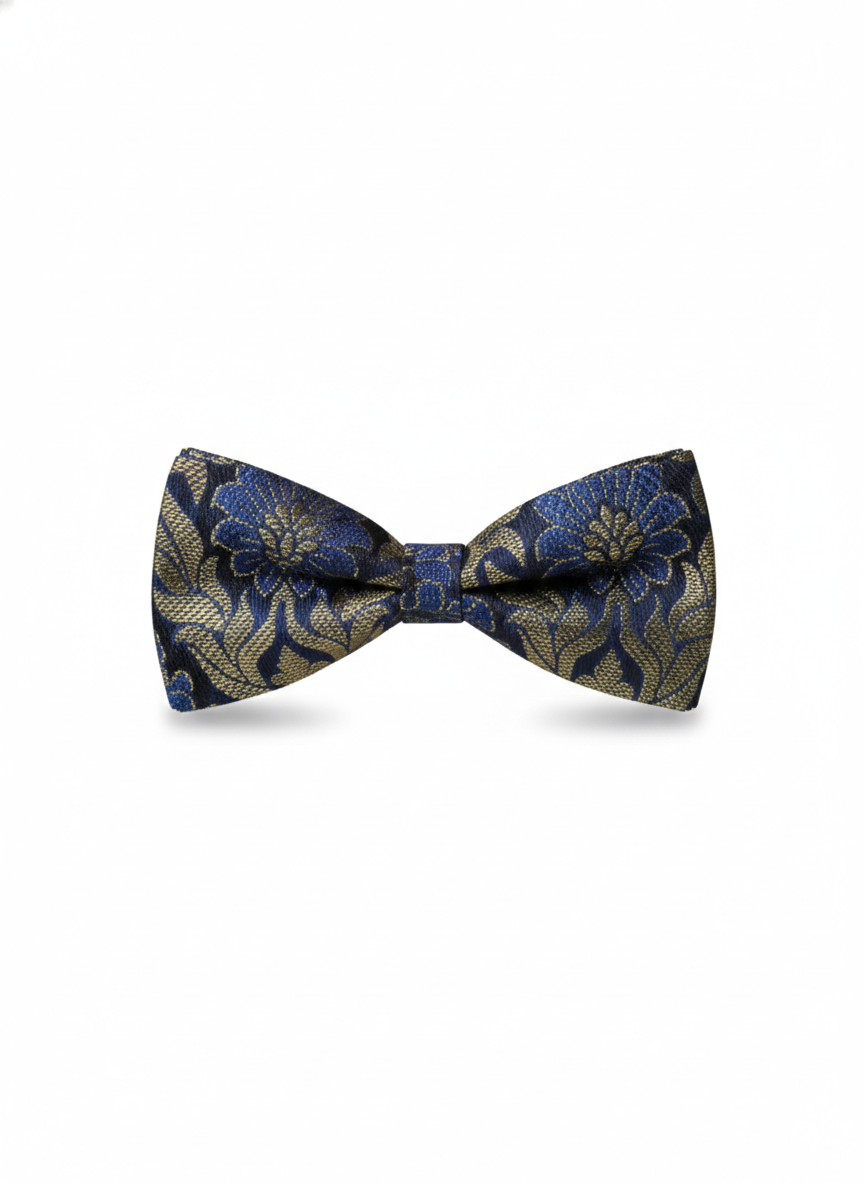 Luxury Royal Blue and Antique Gold Floral Men's Bow Tie