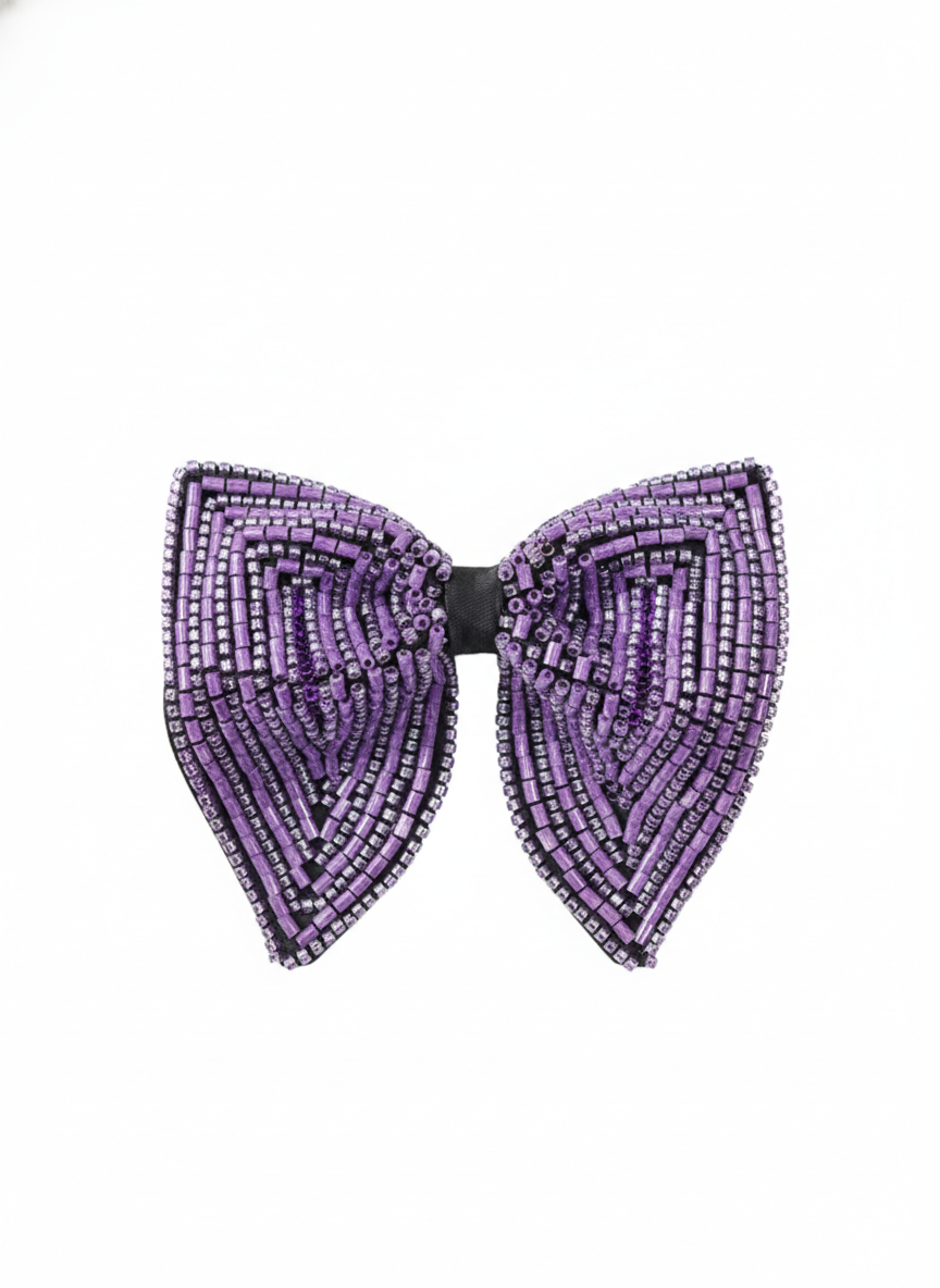 Luxury Black Bowtie with Radiant Purple Geometric Beadwork
