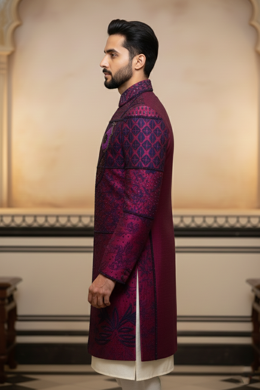 The Royal Amethyst: Hand-Beaded Deep Wine Sherwani