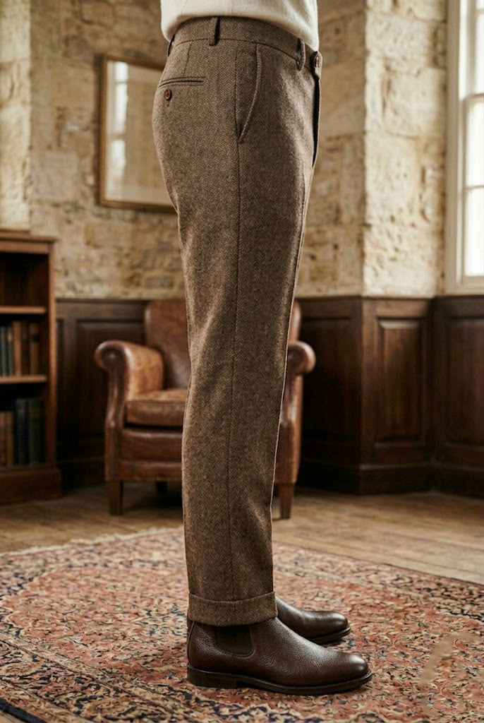 Men's British Tan Herringbone Tweed Tailored  Trousers