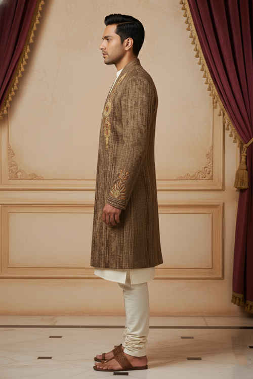 Bronze Earth Textured Open-Front Sherwani