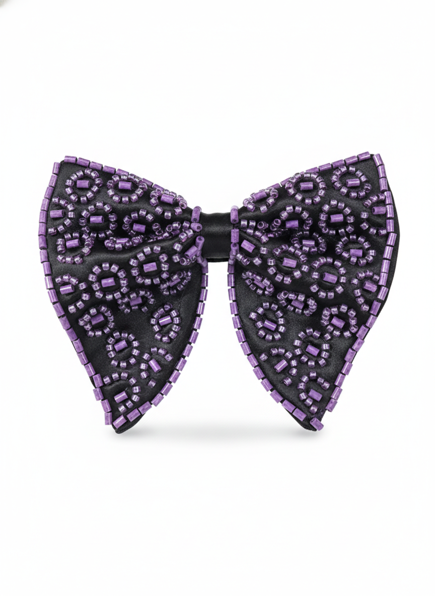 Chic Black Bowtie Featuring Purple Leopard Print Beadwork Pattern
