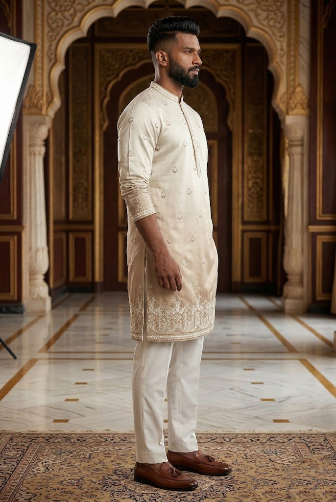 Men's Cream Ombré Embroidered Designer Kurta  Pajama