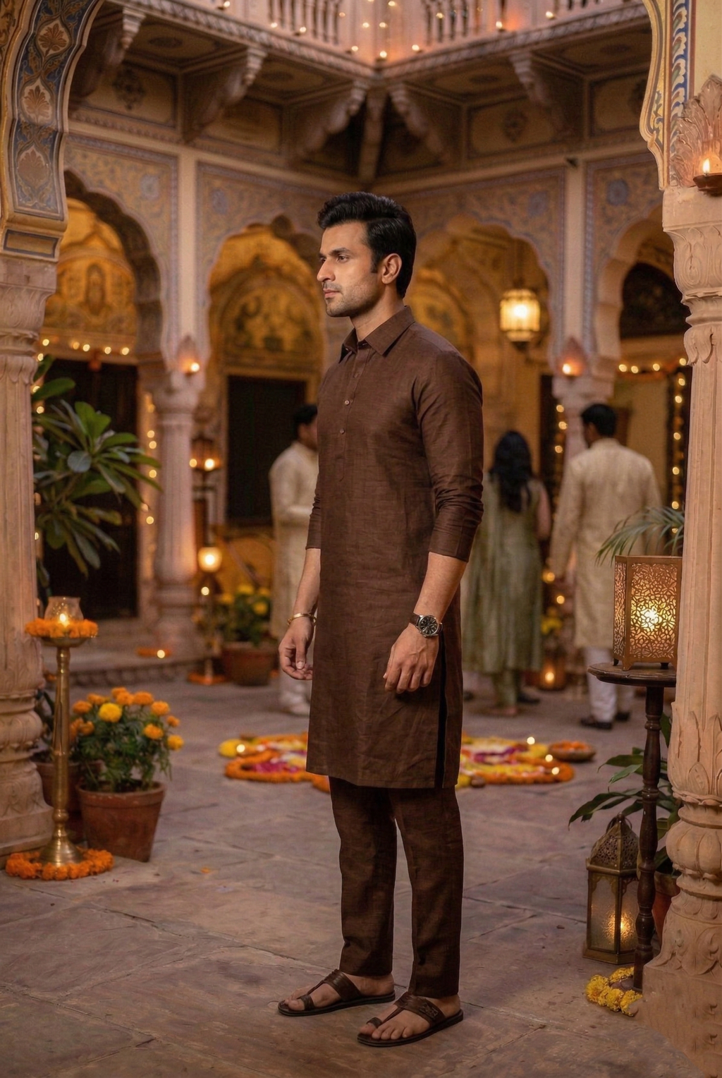 Men's Chocolate Brown Silk-Blend Plain Kurta  Pajama Set