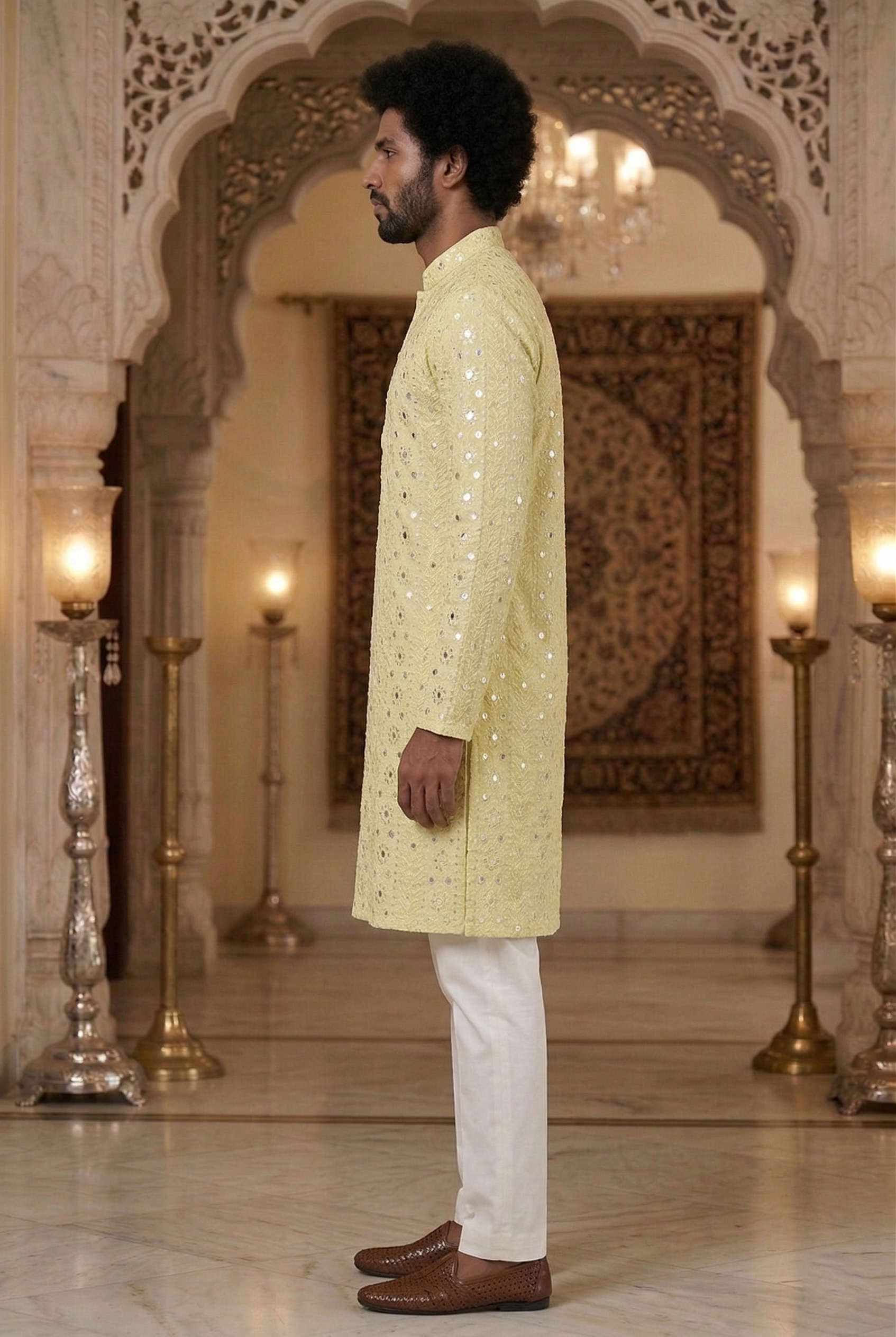 Men’s Lemon Yellow Mirror Work Partywear Kurta Pajama