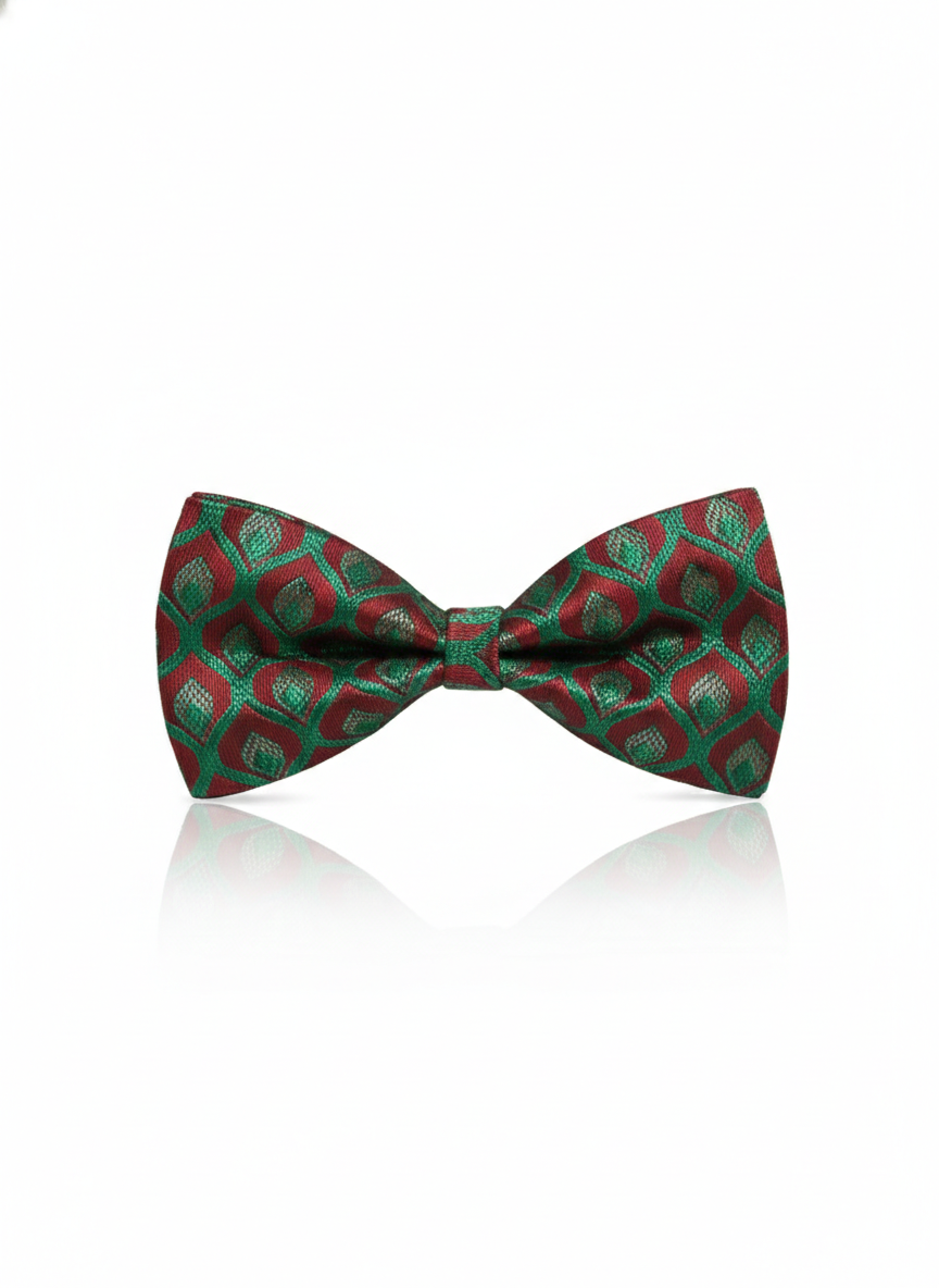 Elegant Red and Green Geometric Pattern Silk Bow Tie