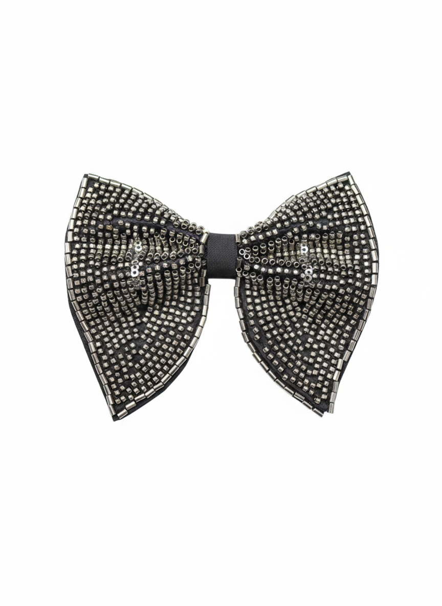Sophisticated Black Bowtie with Radiant Silver Bugle Bead Embellishments