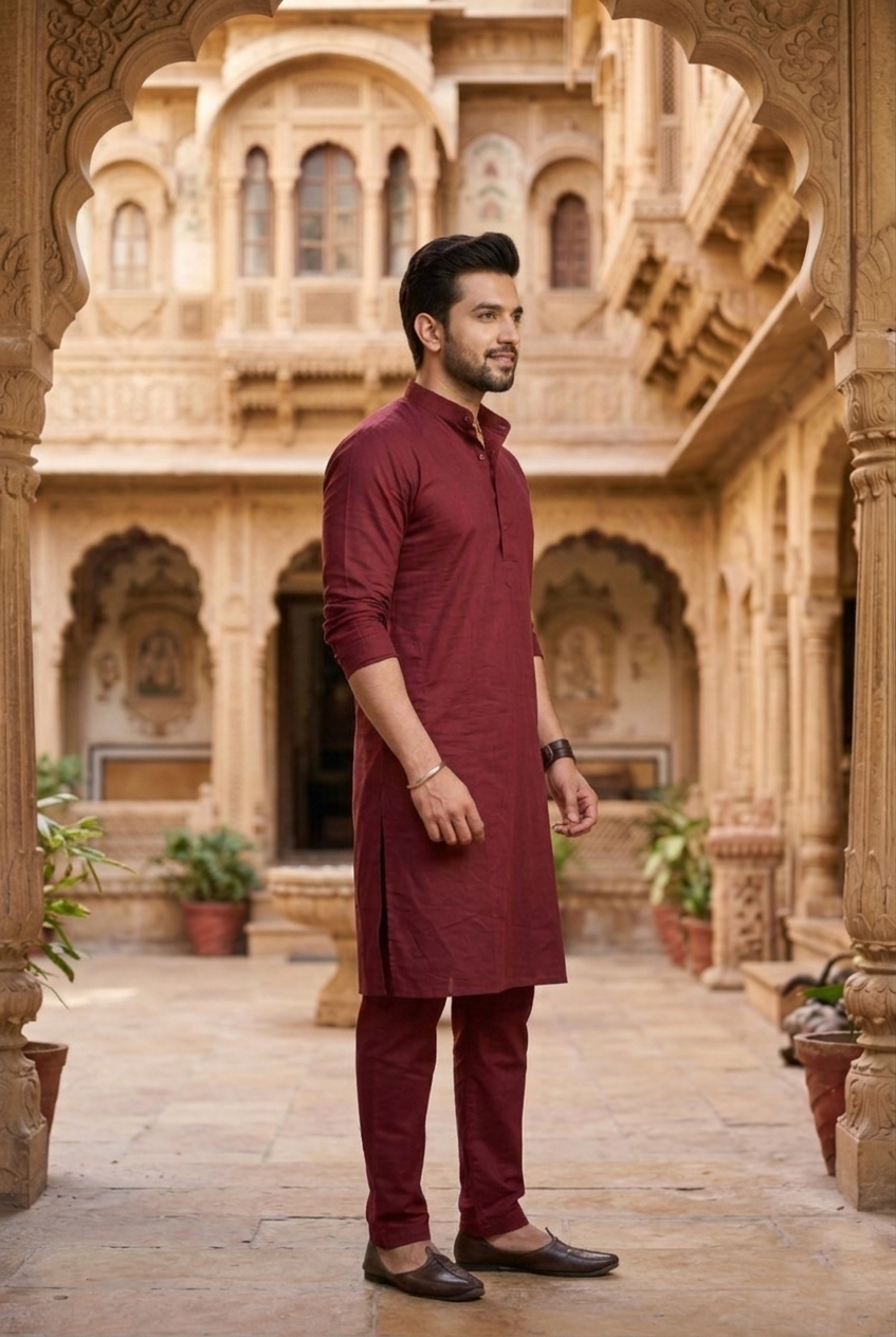 Men’s Wine Red Cotton Silk Plain Kurta Pajama Set