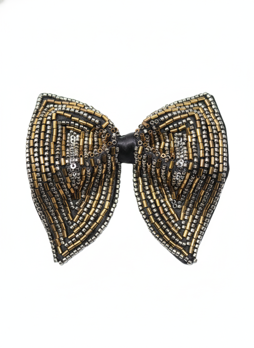 Luxurious Gold Bronze and Silver Beaded Statement Bow Tie