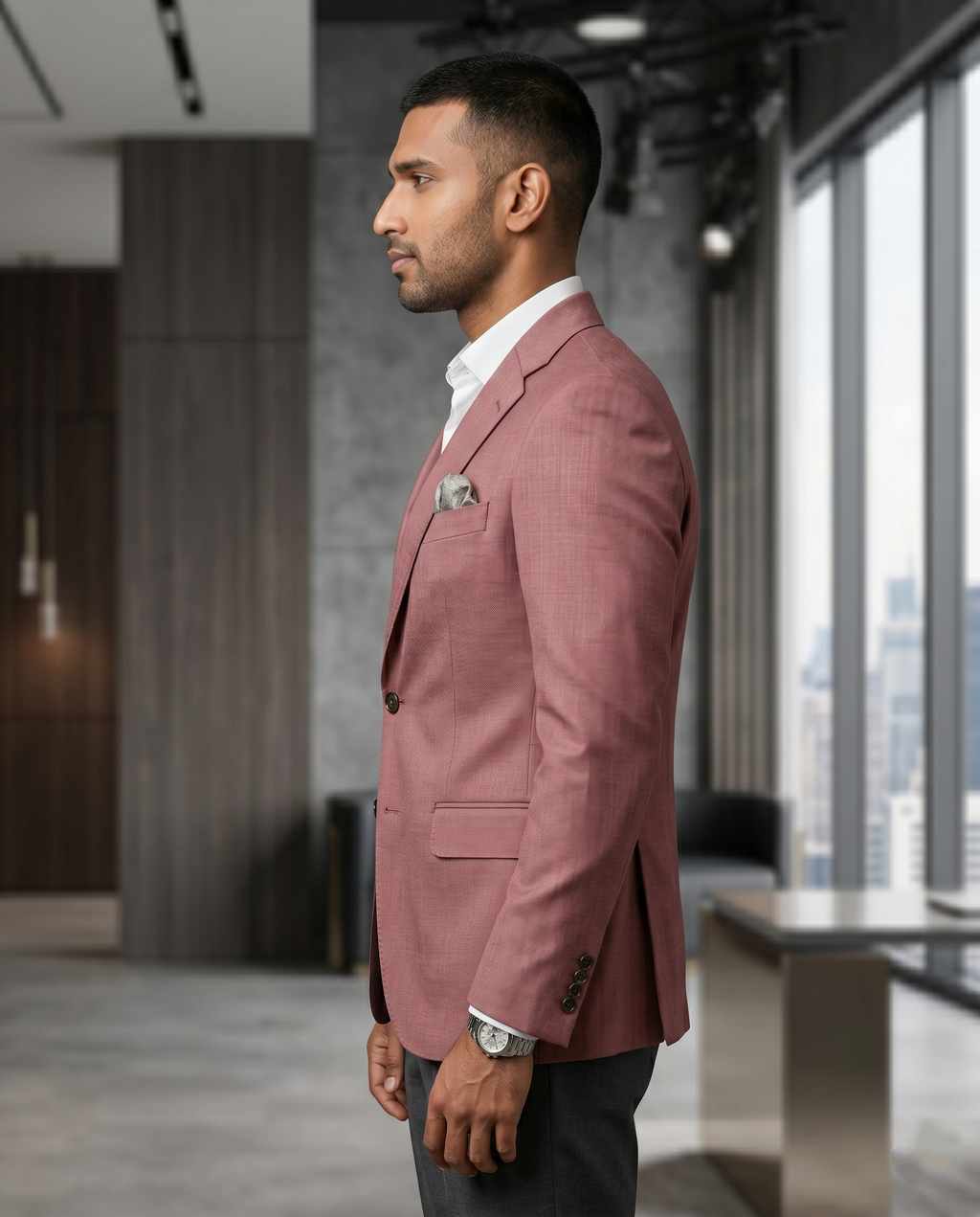 Premium Men's Slim Fit Dusty Rose Blazer Textured Single Breasted Suit Jacket