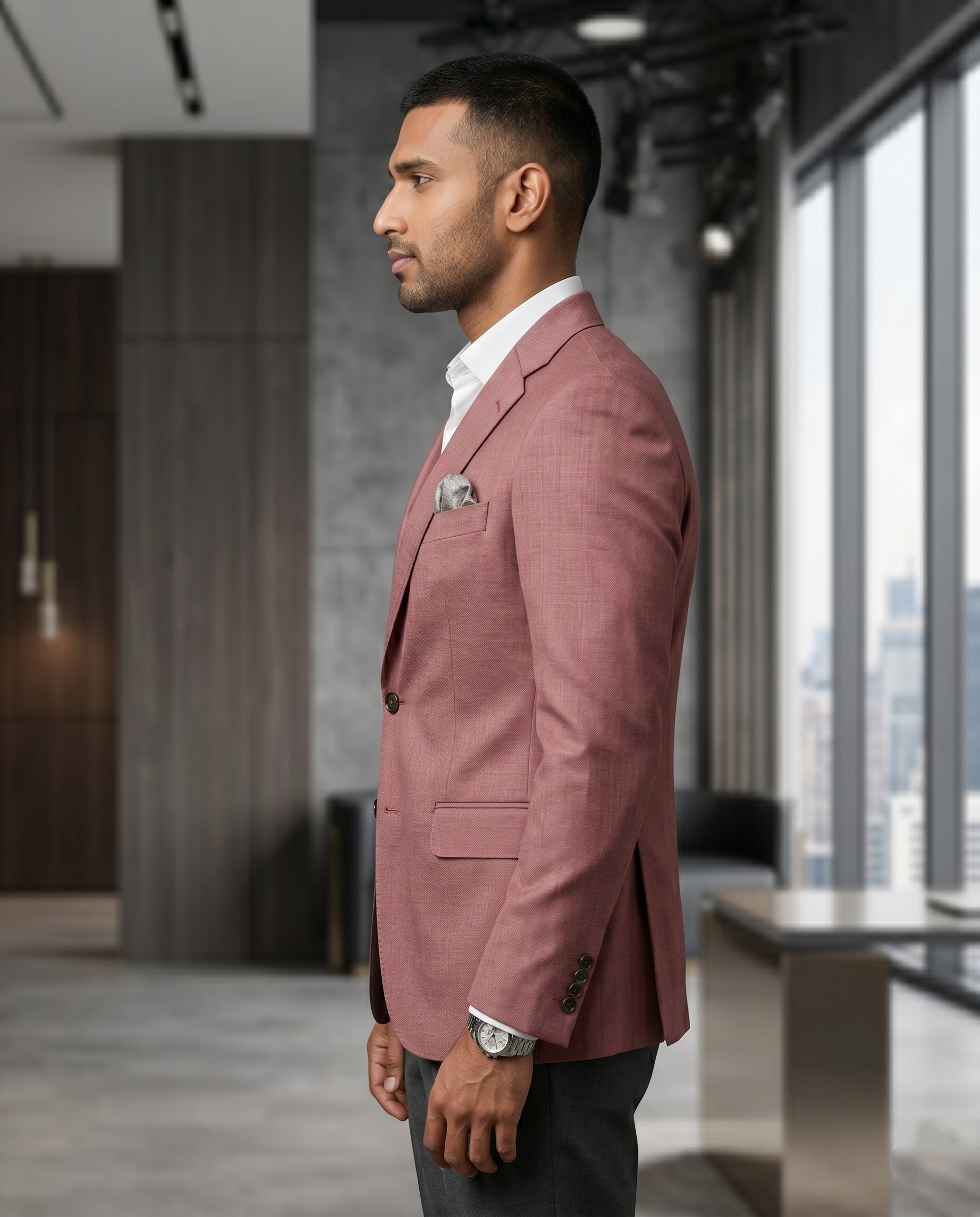 Premium Men's Slim Fit Dusty Rose Blazer Textured Single Breasted Suit Jacket