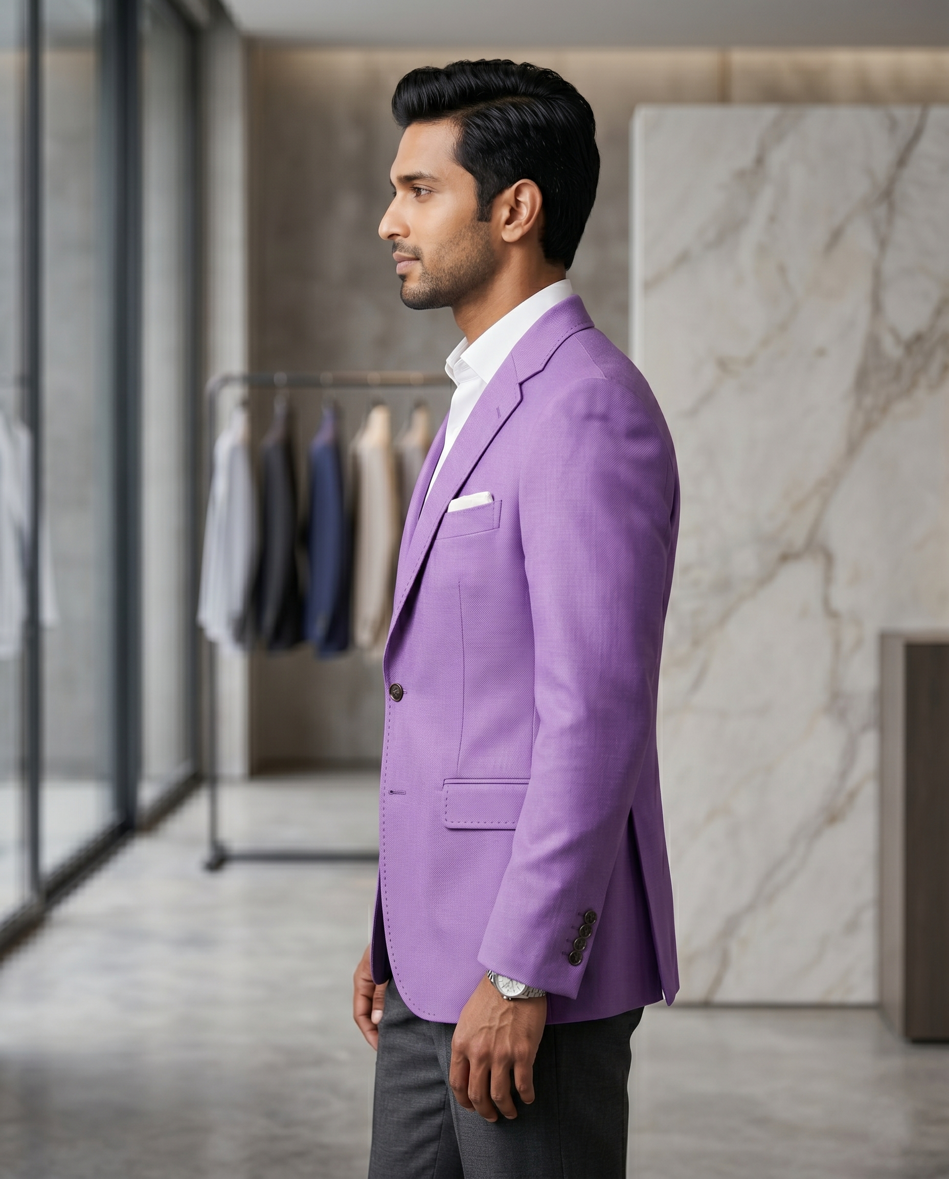 Premium Men's Slim Fit Lavender Purple Blazer Textured Single Breasted Suit Jacket