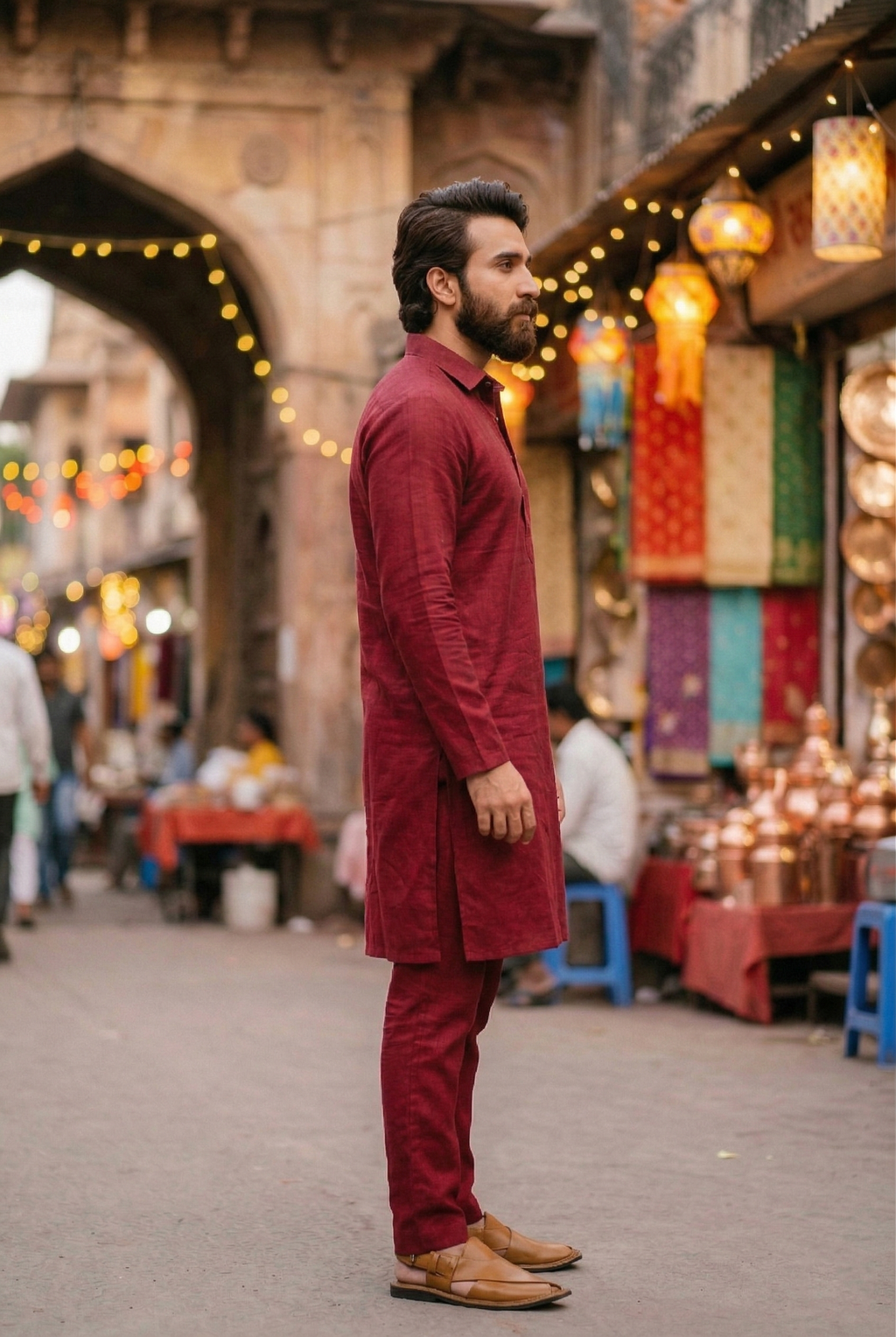 Men's Maroon Linen-Blend Plain Kurta Pajama Set
