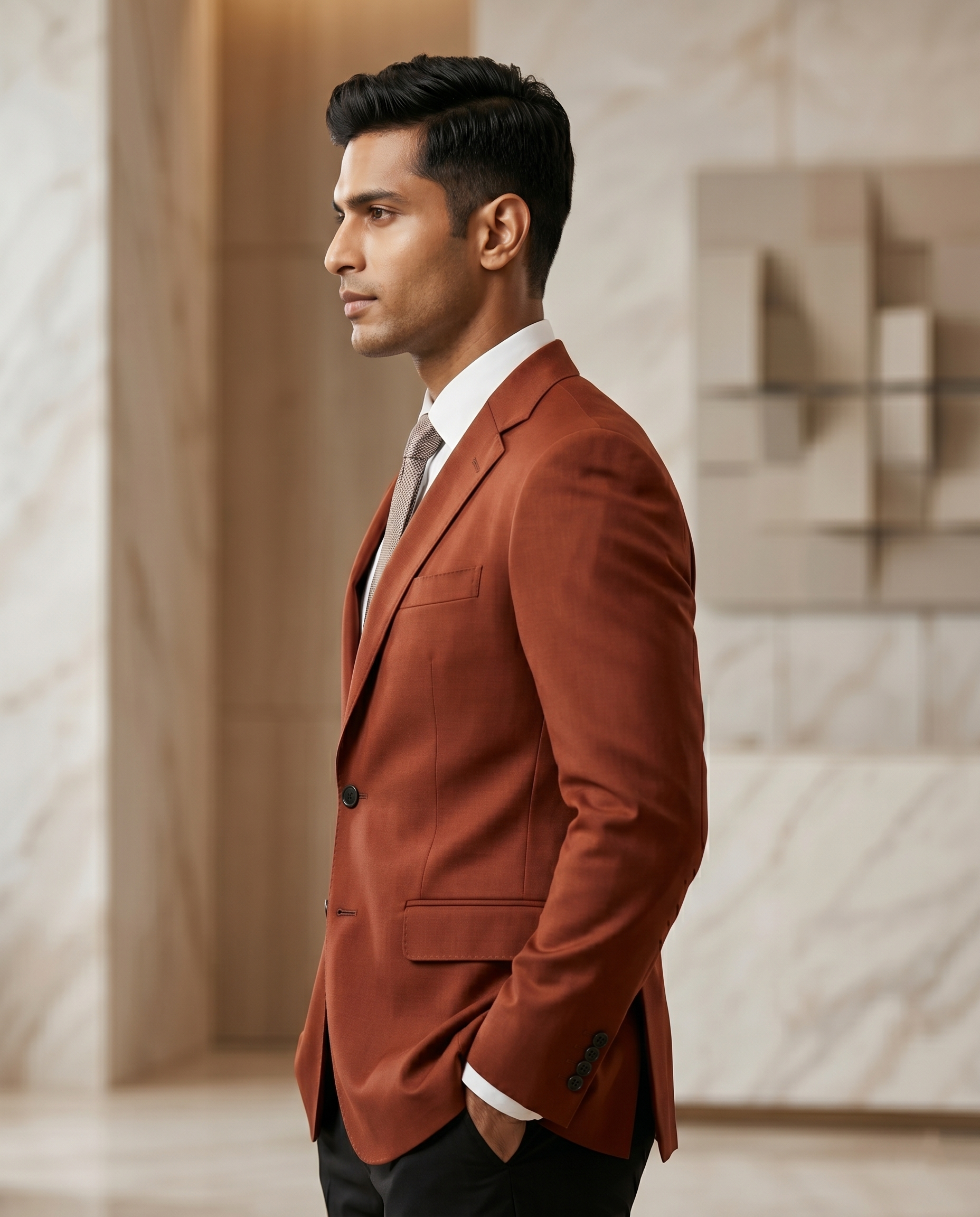 Premium Men's Slim Fit Terracotta Orange Blazer Smooth Single Breasted Suit Jacket