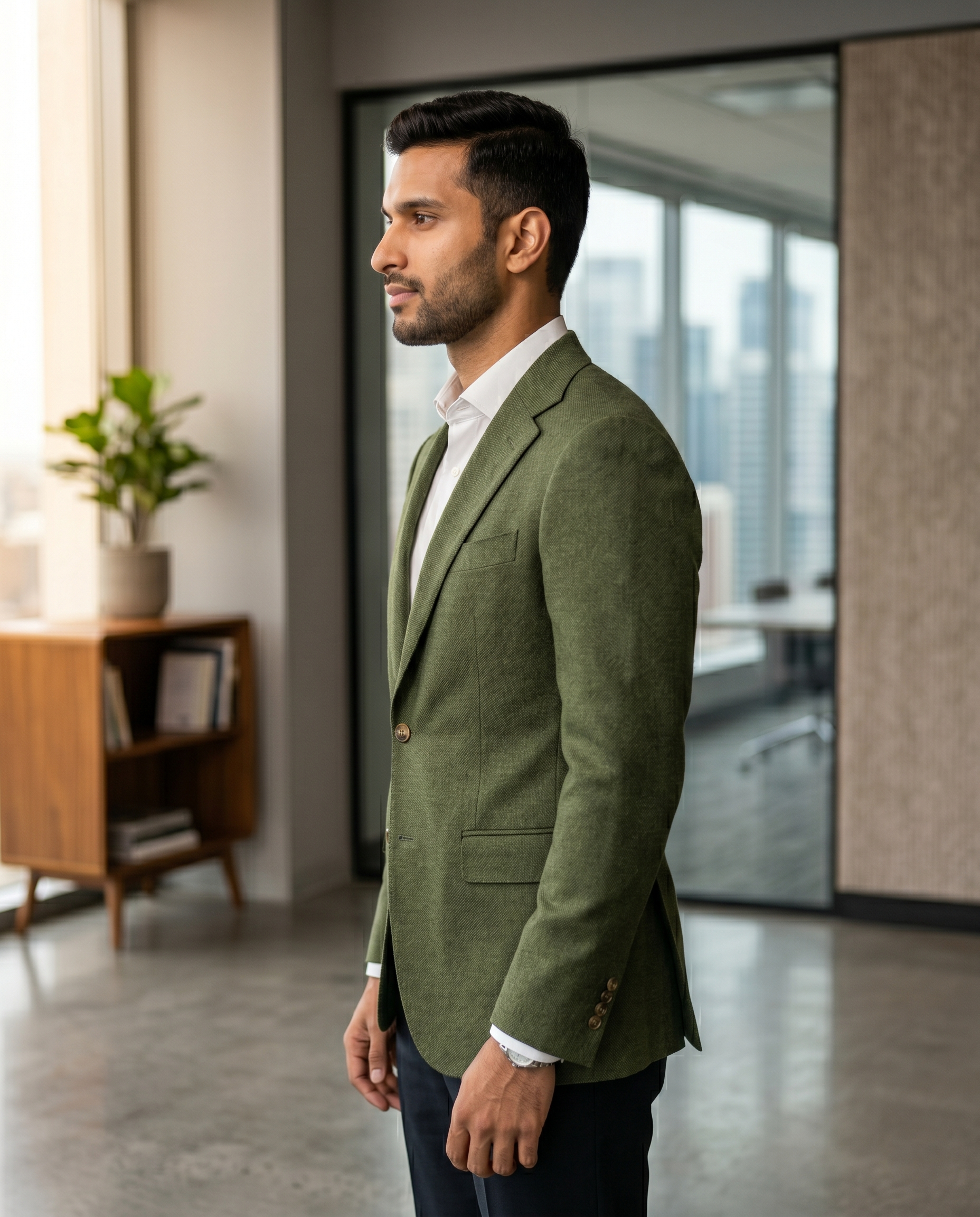 Premium Men's Slim Fit Moss Green Blazer Textured Single Breasted Suit Jacket