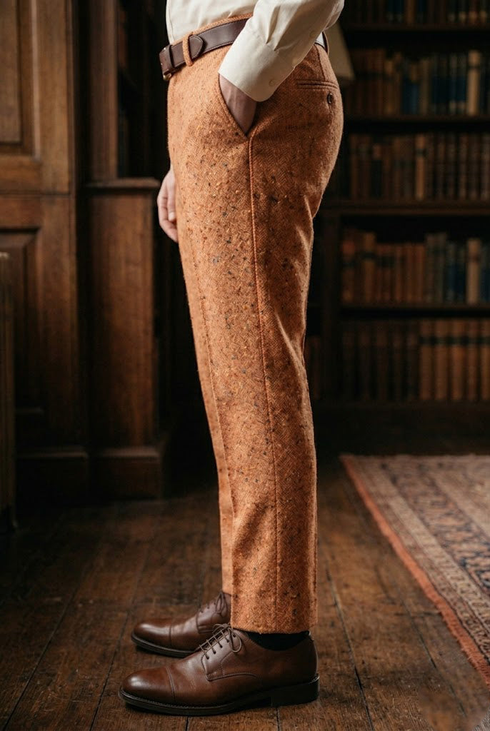 Men's Apricot Peach Herringbone Tweed Tailored Trousers