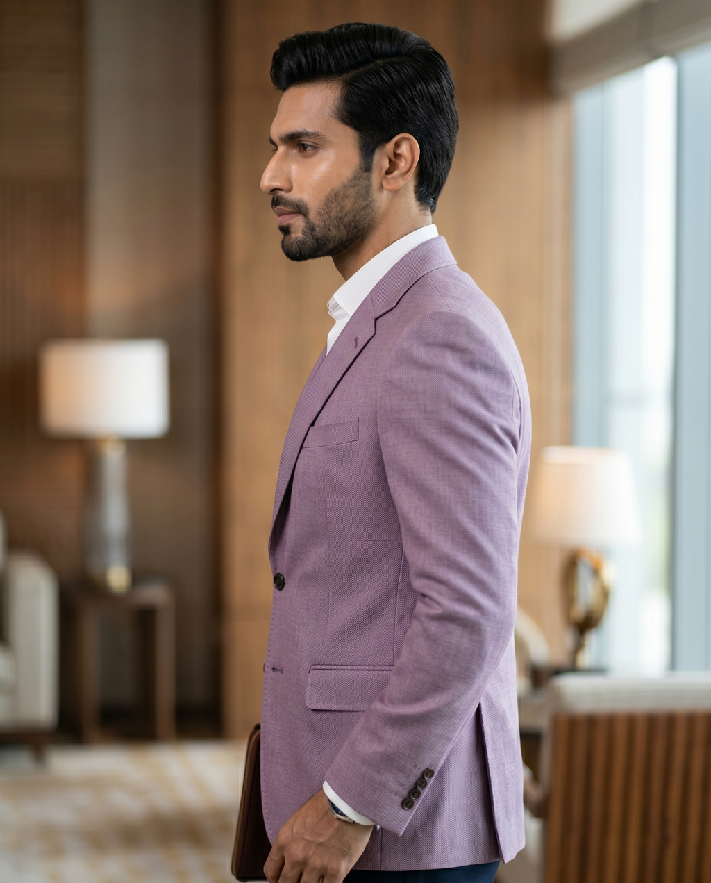 v Premium Men's Slim Fit Mauve Purple Blazer Textured Single Breasted Suit Jacket