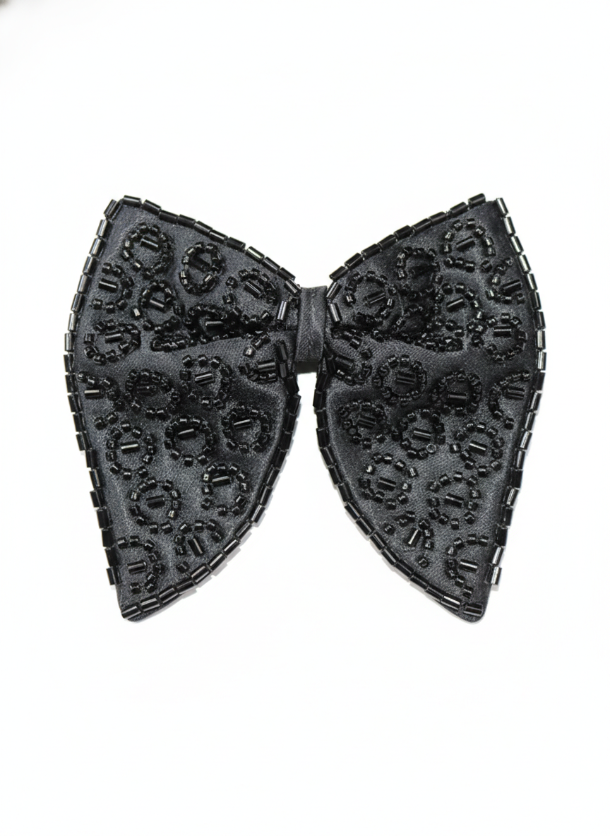 Sophisticated All Black Beaded Leopard Pattern Luxury Bow Tie