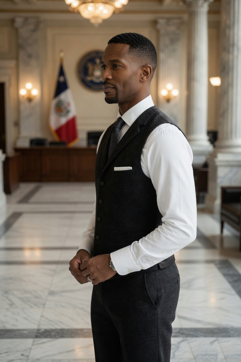 Men's Slim Fit Tweed Waistcoat Vintage Lapel Dress Suit Vest Charcoal Black
