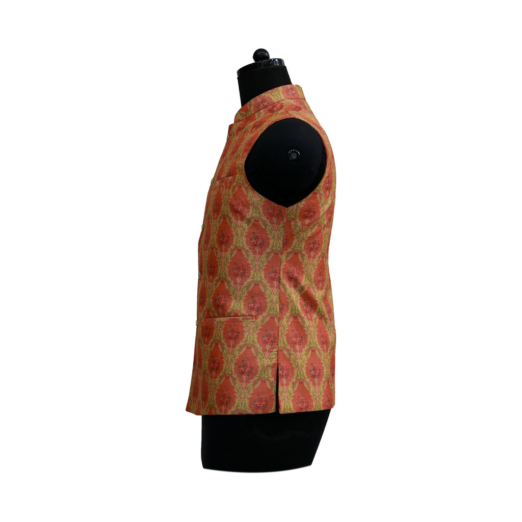 Men’s Red & Gold Patterned Nehru Jacket with Ivory Kurta  Pajama – Royal Festive Wear