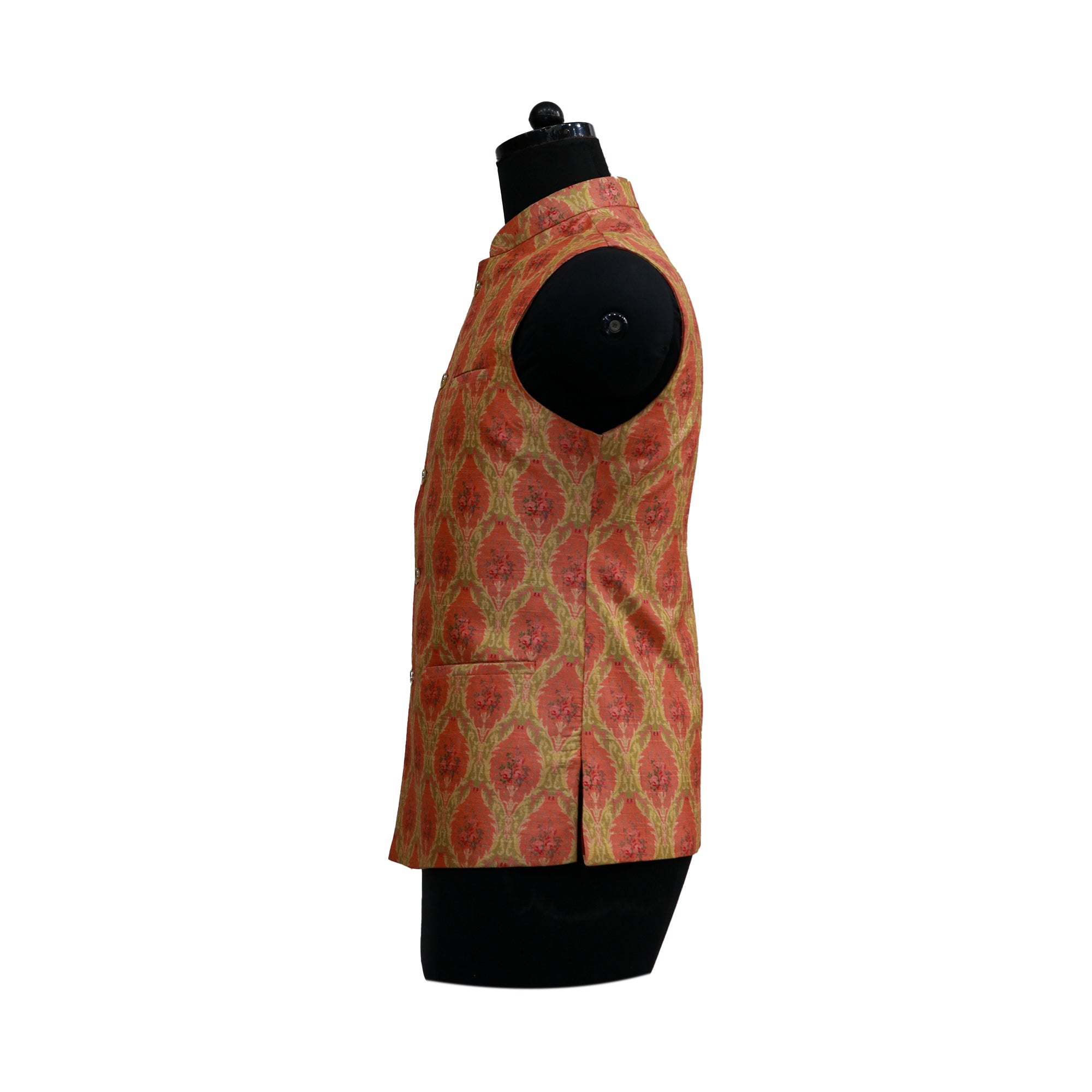 Men’s Red & Gold Patterned Nehru Jacket with Ivory Kurta  Pajama – Royal Festive Wear