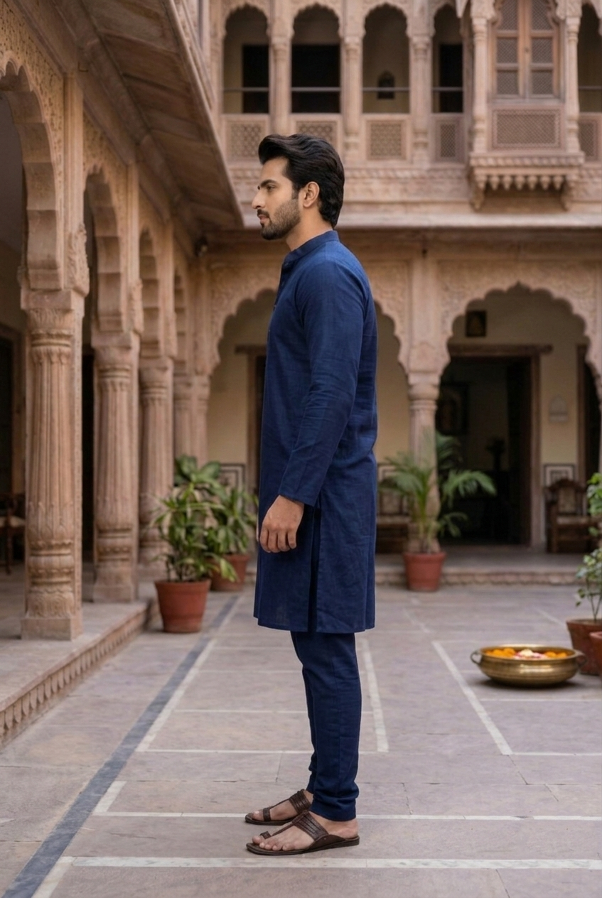 Men's Navy Blue Cotton Silk Plain Kurta Pajama  Set