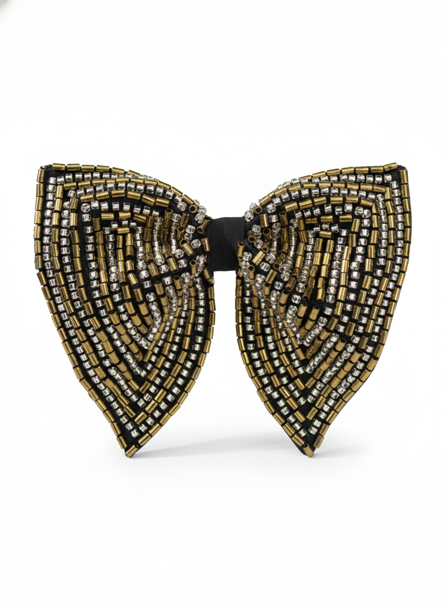 Luxury Black Bowtie with Gold and Silver Geometric Beadwork