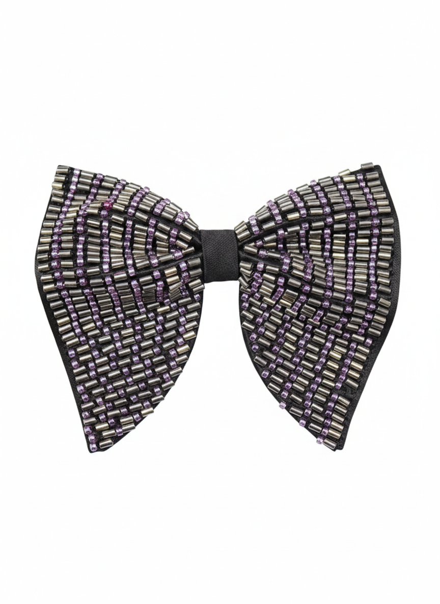 Elegant Black Bowtie with Silver and Purple Beaded Stripes