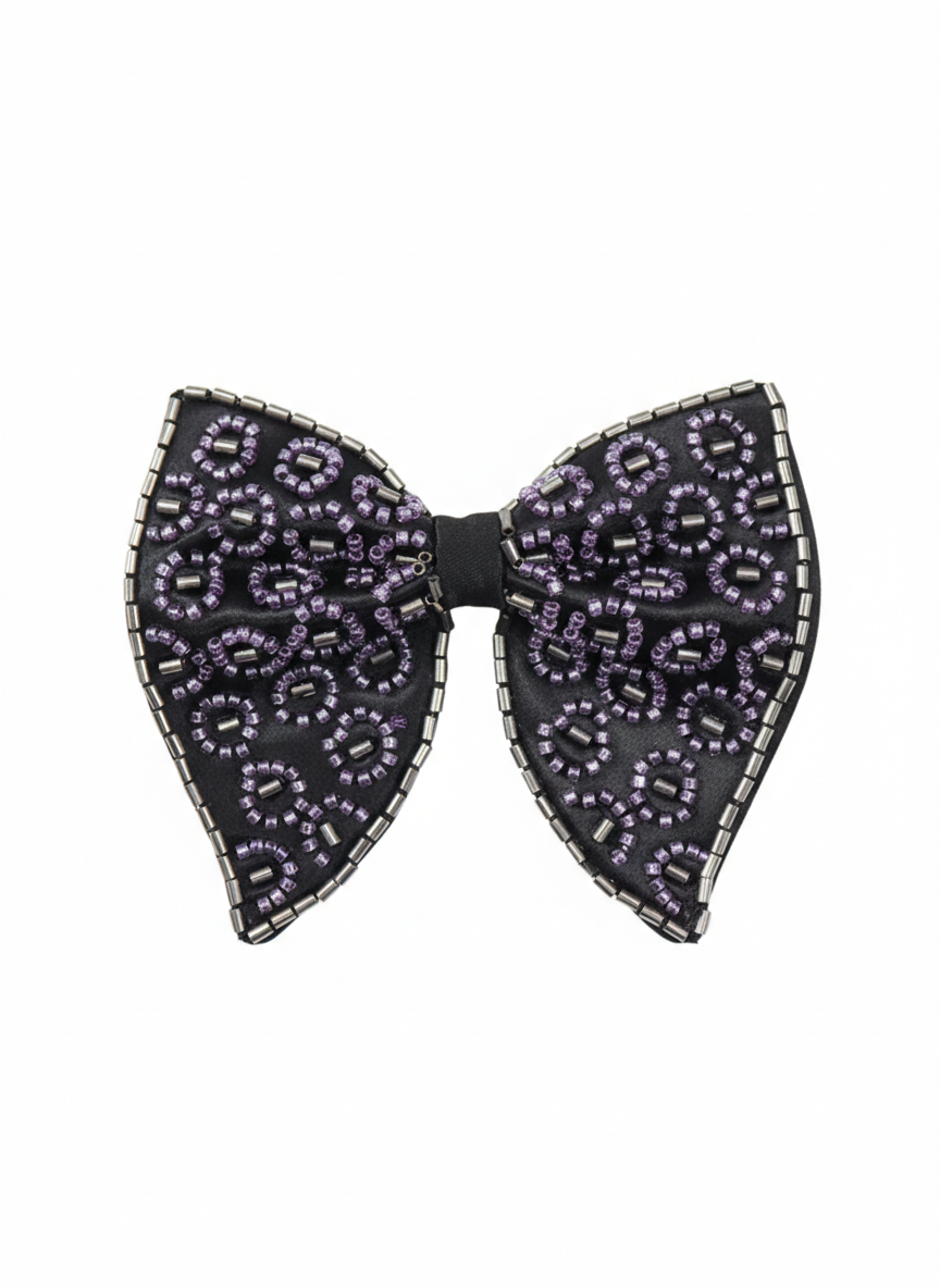 Chic Black Bowtie Featuring Purple Leopard Print Beadwork