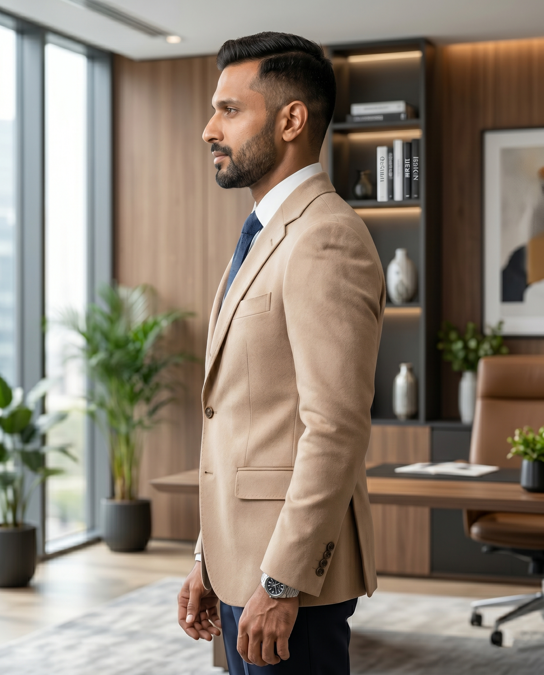 Premium Men's Slim Fit Beige Blazer Smooth Single Breasted Suit Jacket