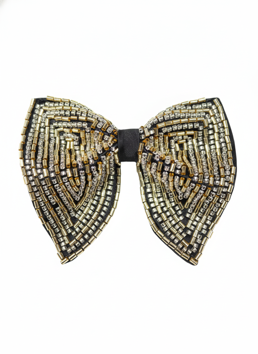 Magnificent Gold Silver and Black Beaded Statement Bow Tie