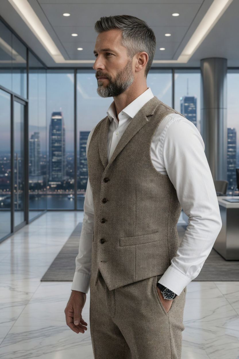 Men's Slim Fit Tweed Waistcoat Vintage Lapel Dress Suit Vest Khaki Beige