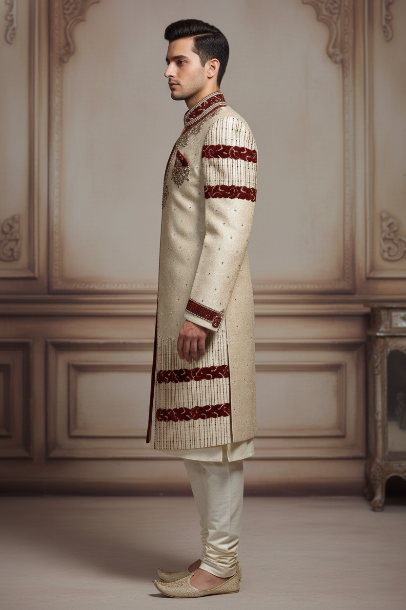The Crimson Crest: Ivory & Maroon Accented Sherwani