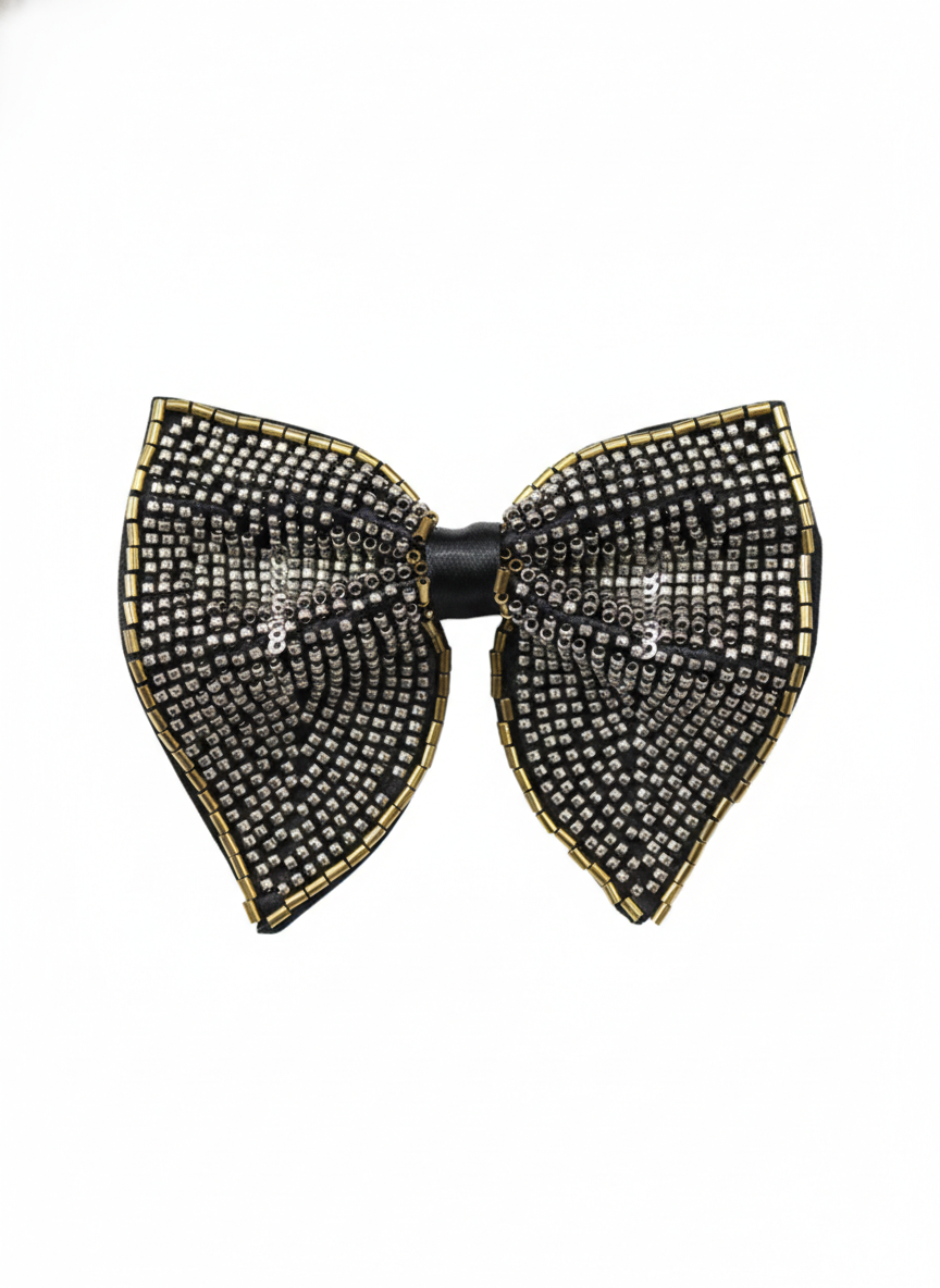Luxurious Silver Gold and Black Beaded Bow Tie Accessory